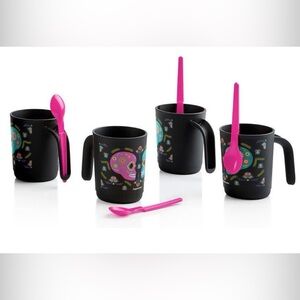 Tupperware Black and Pink Skull Mug Set with Spoons